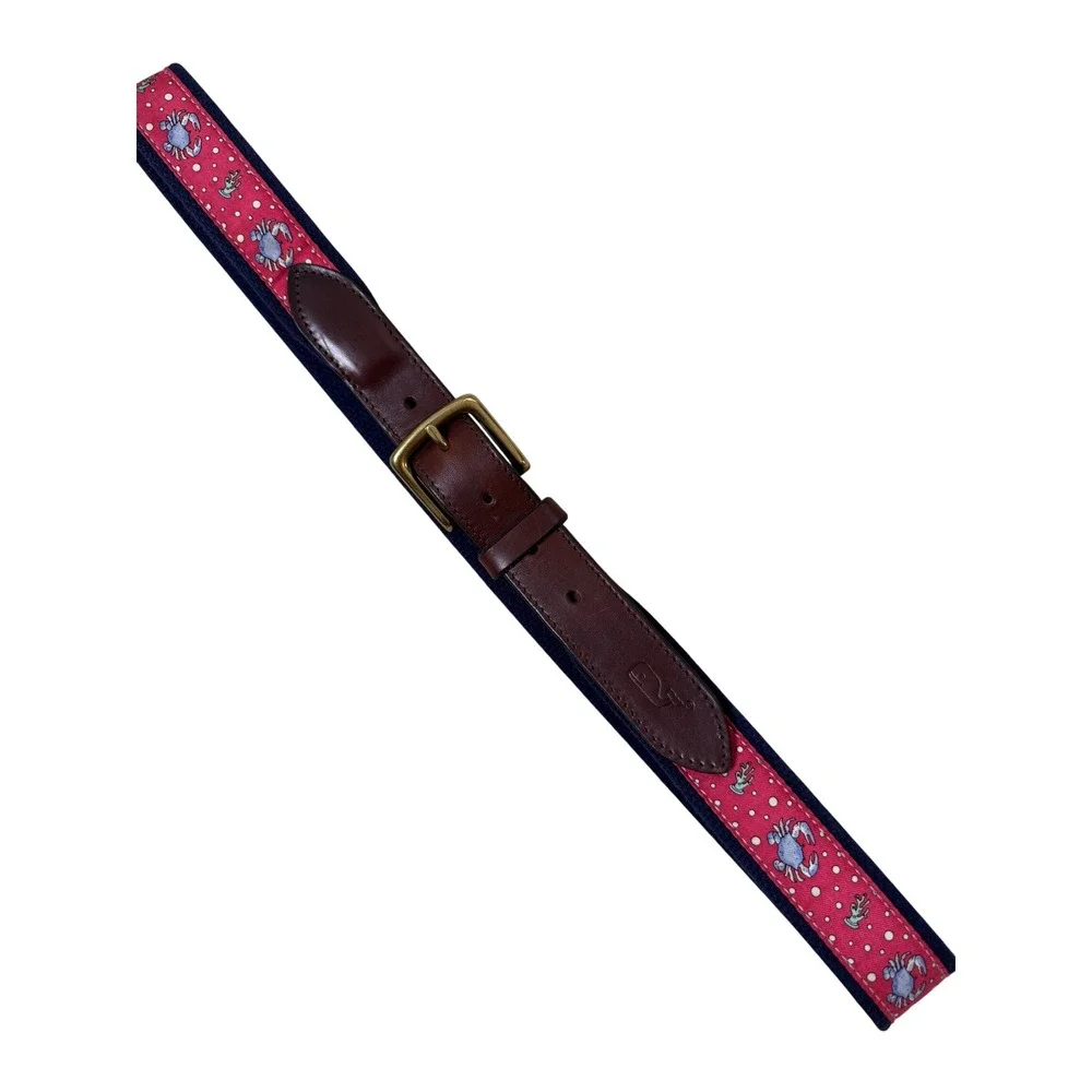 Vineyard Vines Mens 38 Crab Coral Silk Canvas Club Belt Navy Pink Made in USA